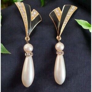Vintage Gold Tone Drop Earrings Black Enamel Rhinestone Teardrop Faux Pearl